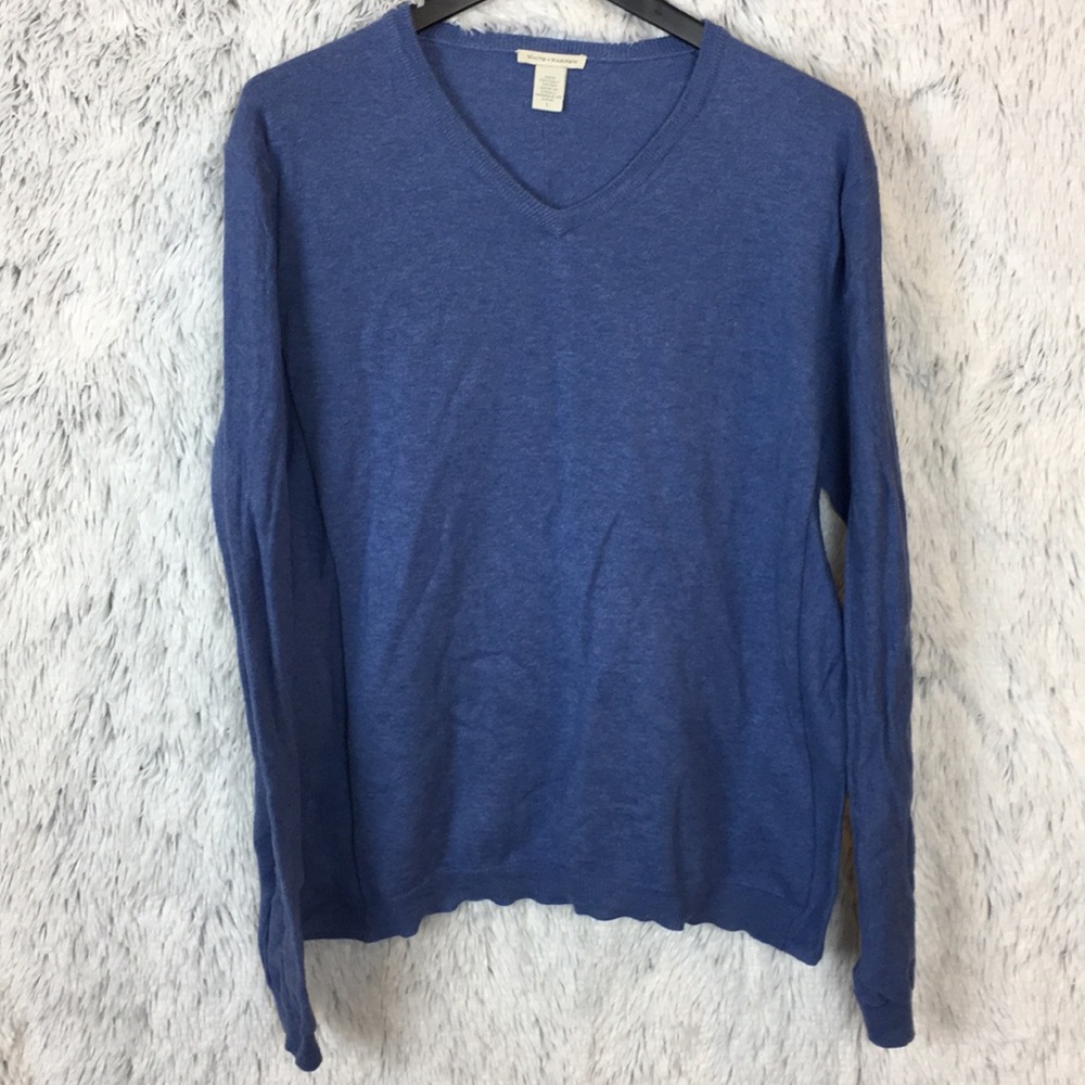 White + Warren Blue Cotton V Neck LS Sweater Large